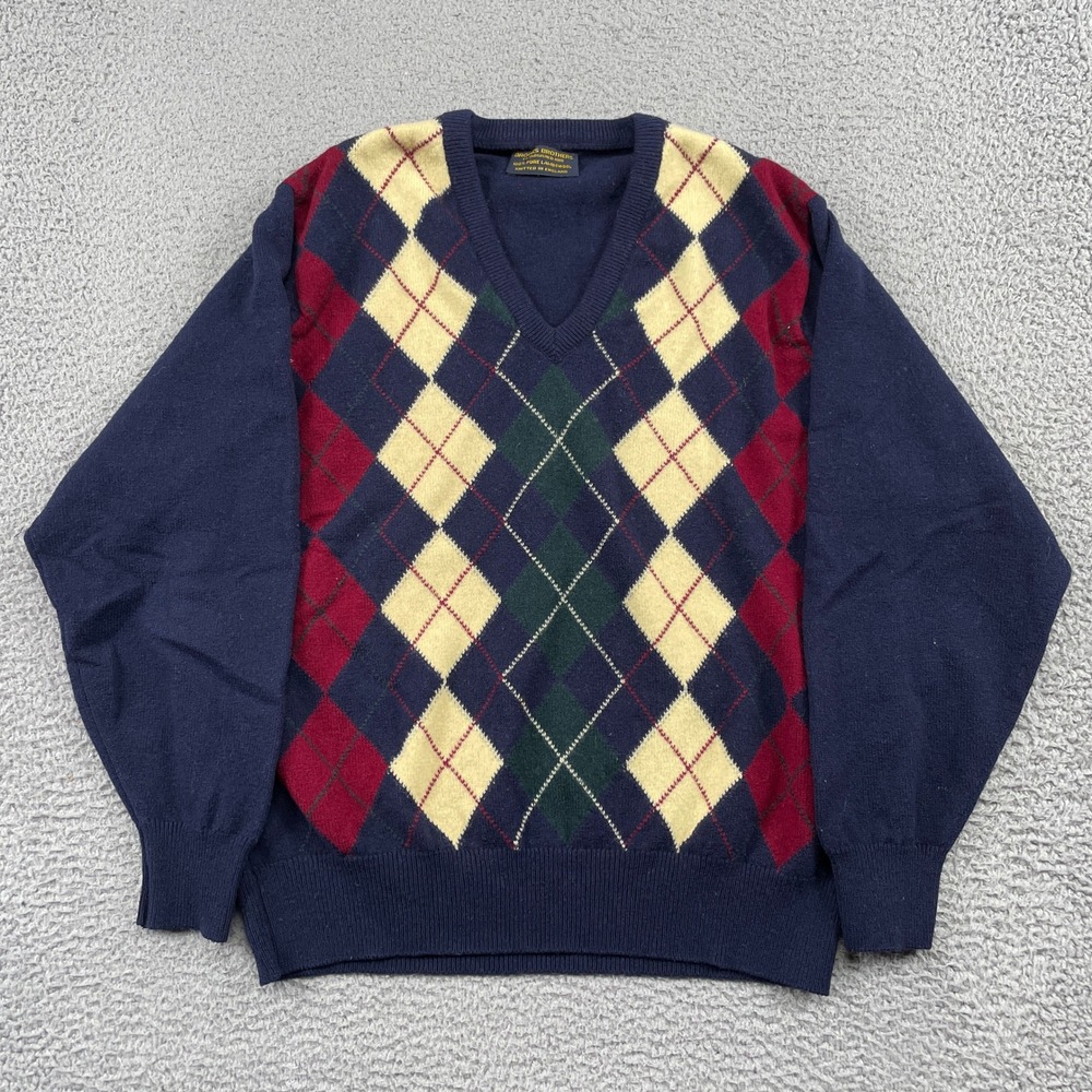 Brooks Brothers Sweater Mens XL Navy Argyle V-Neck Lambswool Knitted in England